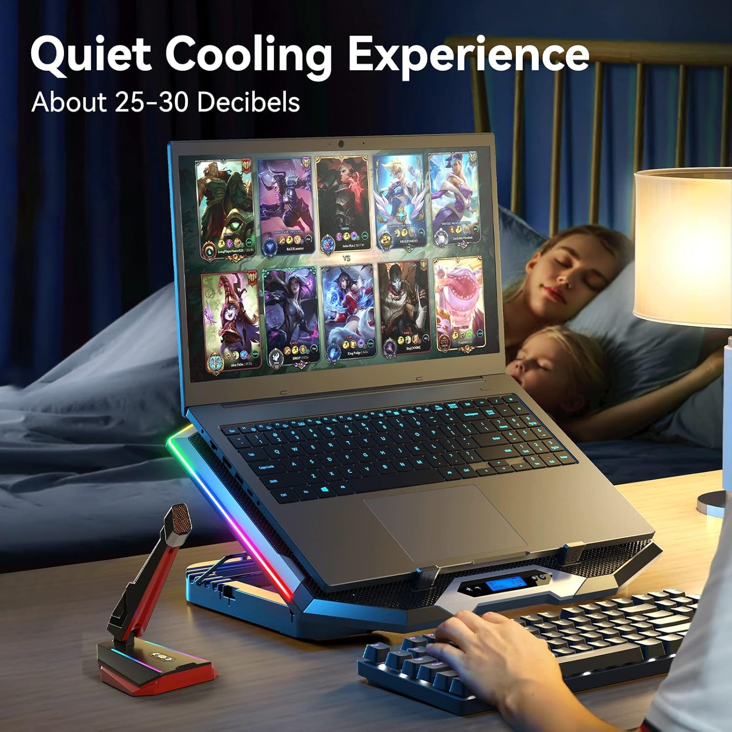 Gaming Laptop Cooling Pad with 8 Cooling Fans, Laptop Fan Cooler Pad for 15-17.3 Inch, Notebook Cooler Stand with 6 Height Adjustable, RGB Cooling Pad with Two USB Port + Phone Stand