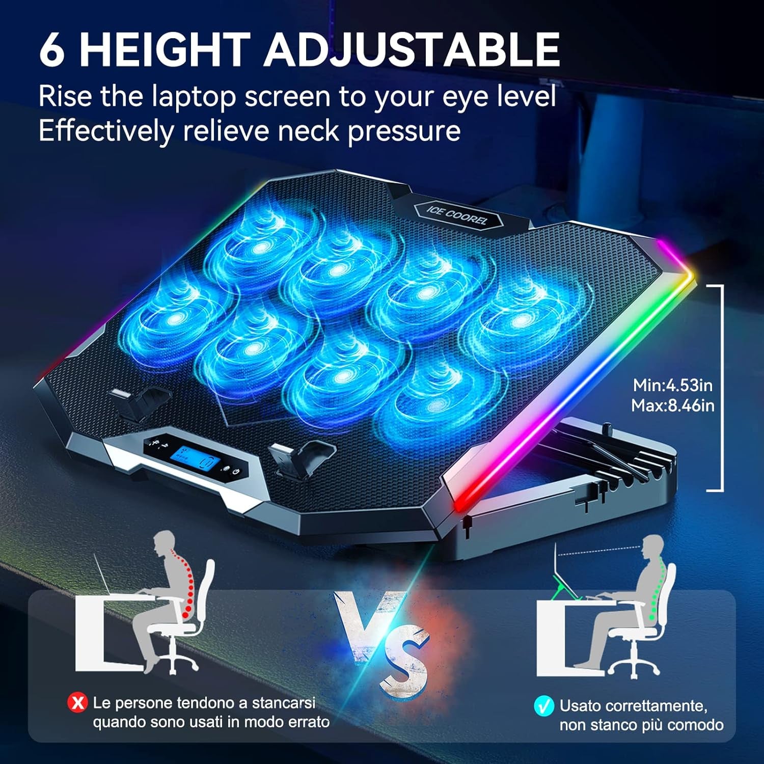 Gaming Laptop Cooling Pad with 8 Cooling Fans, Laptop Fan Cooler Pad for 15-17.3 Inch, Notebook Cooler Stand with 6 Height Adjustable, RGB Cooling Pad with Two USB Port + Phone Stand