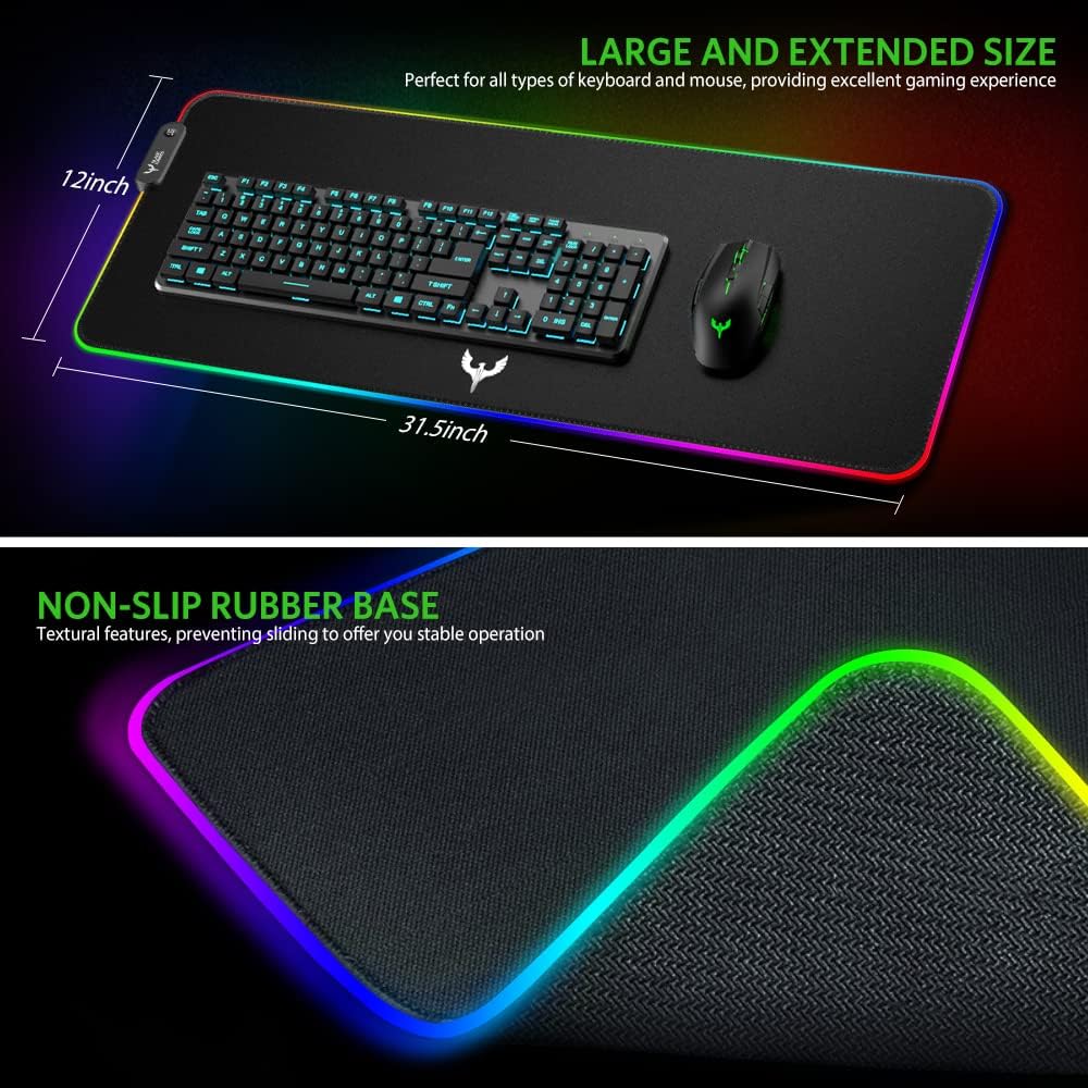 Extra Large RGB Gaming Mouse Pad - 14 Lighting Modes, Extended Soft LED Surface, Anti-Slip Rubber Base, Ideal for Computer Keyboard and Mouse (31.5 x 12 Inches)