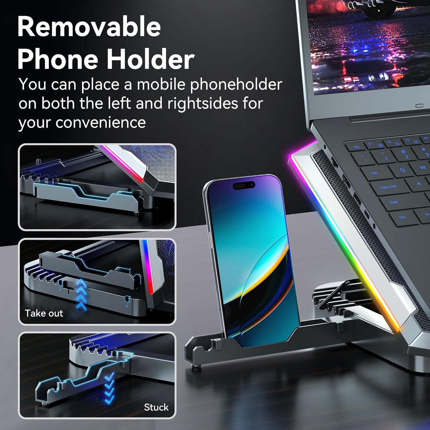 Gaming Laptop Cooling Pad with 8 Cooling Fans, Laptop Fan Cooler Pad for 15-17.3 Inch, Notebook Cooler Stand with 6 Height Adjustable, RGB Cooling Pad with Two USB Port + Phone Stand