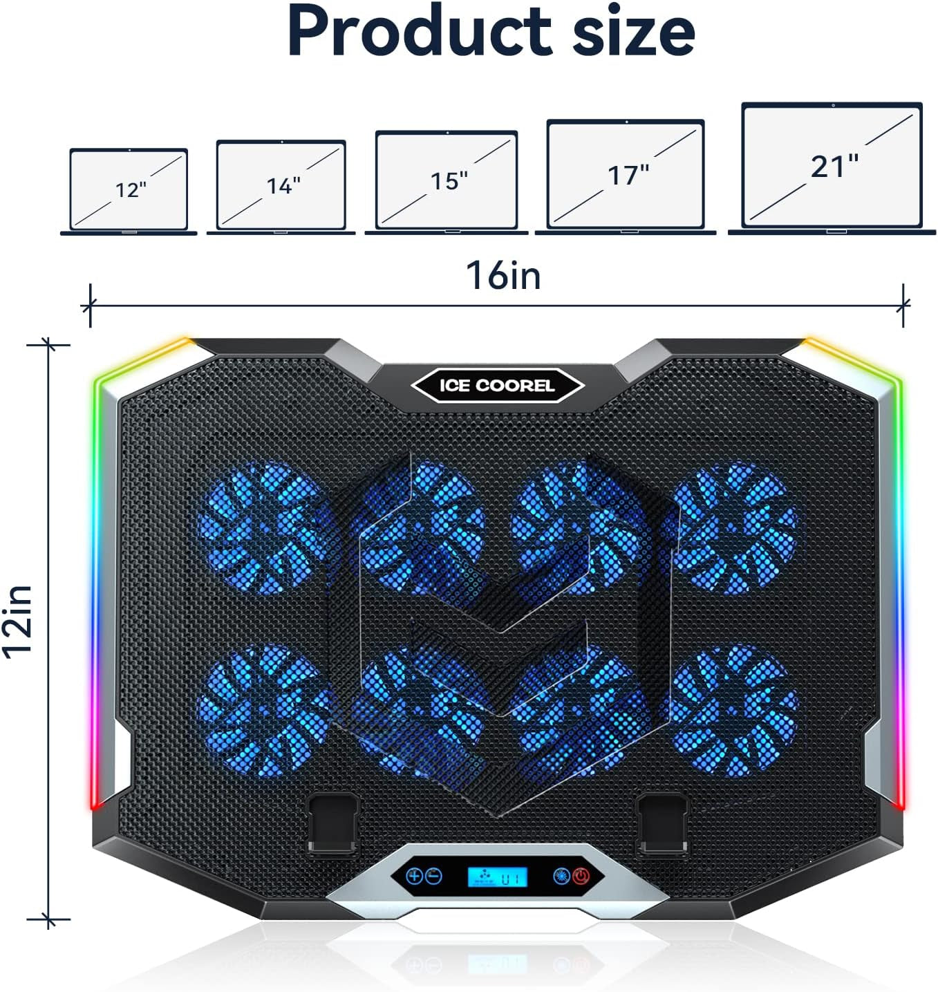 Gaming Laptop Cooling Pad with 8 Cooling Fans, Laptop Fan Cooler Pad for 15-17.3 Inch, Notebook Cooler Stand with 6 Height Adjustable, RGB Cooling Pad with Two USB Port + Phone Stand