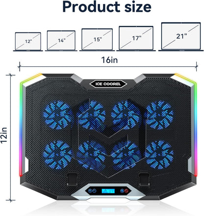 Gaming Laptop Cooling Pad with 8 Cooling Fans, Laptop Fan Cooler Pad for 15-17.3 Inch, Notebook Cooler Stand with 6 Height Adjustable, RGB Cooling Pad with Two USB Port + Phone Stand