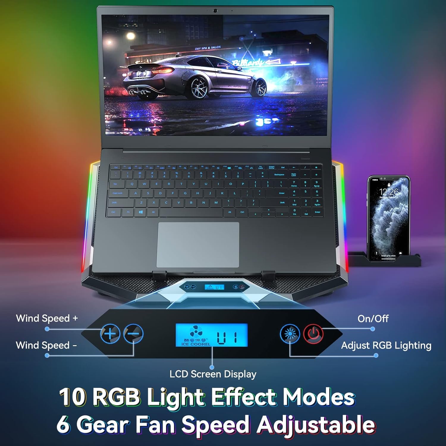 Gaming Laptop Cooling Pad with 8 Cooling Fans, Laptop Fan Cooler Pad for 15-17.3 Inch, Notebook Cooler Stand with 6 Height Adjustable, RGB Cooling Pad with Two USB Port + Phone Stand