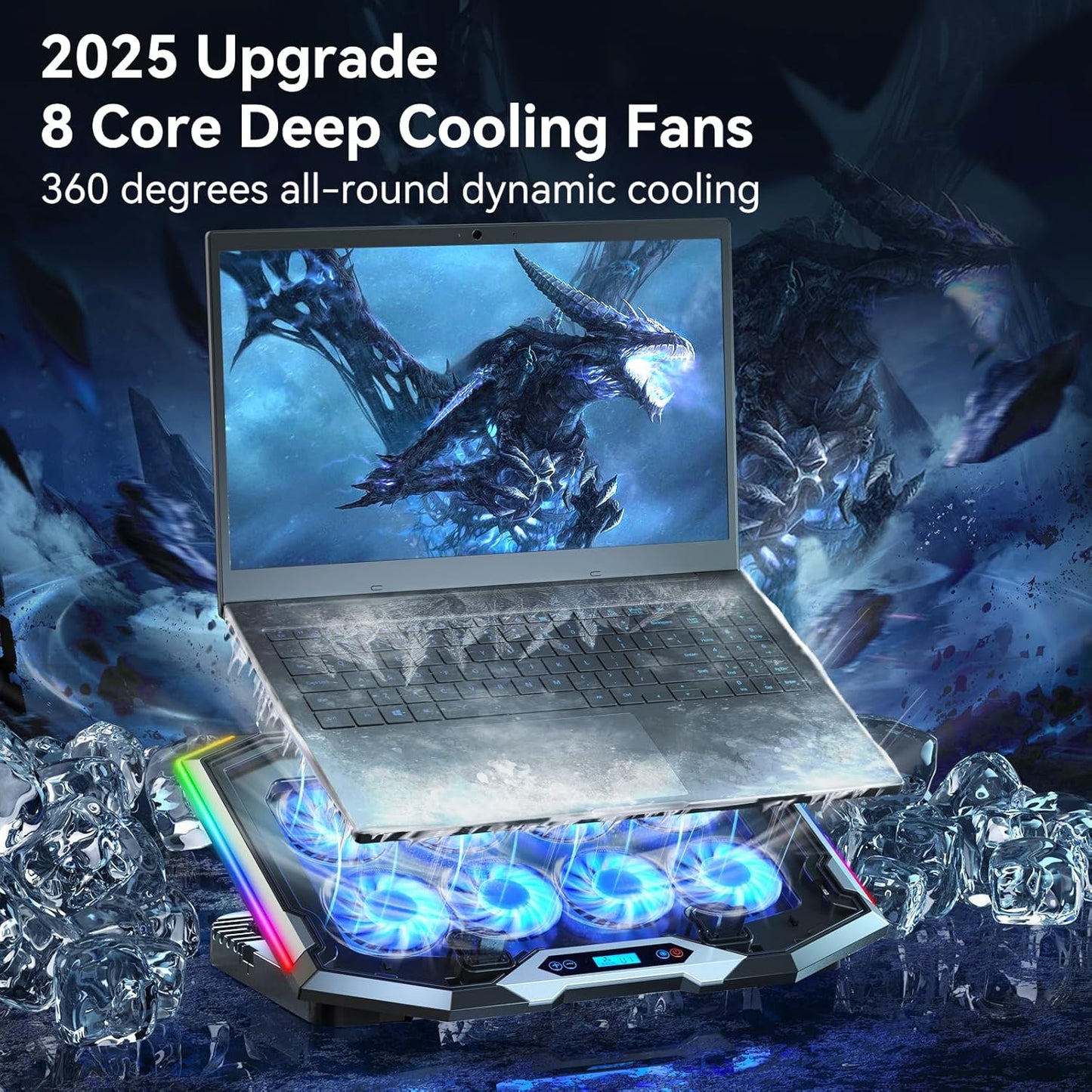 Gaming Laptop Cooling Pad with 8 Cooling Fans, Laptop Fan Cooler Pad for 15-17.3 Inch, Notebook Cooler Stand with 6 Height Adjustable, RGB Cooling Pad with Two USB Port + Phone Stand