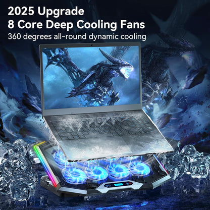 Gaming Laptop Cooling Pad with 8 Cooling Fans, Laptop Fan Cooler Pad for 15-17.3 Inch, Notebook Cooler Stand with 6 Height Adjustable, RGB Cooling Pad with Two USB Port + Phone Stand