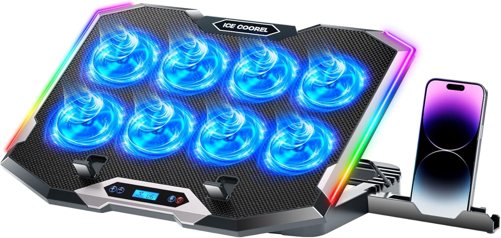 Gaming Laptop Cooling Pad with 8 Cooling Fans, Laptop Fan Cooler Pad for 15-17.3 Inch, Notebook Cooler Stand with 6 Height Adjustable, RGB Cooling Pad with Two USB Port + Phone Stand